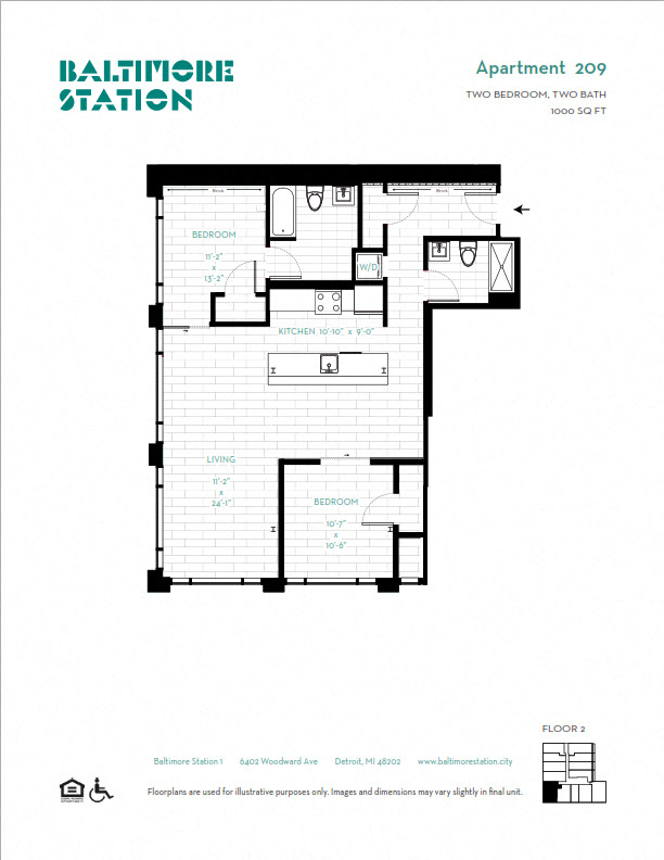 Floor plan for 2 beds, 2 baths, 1000 sqft